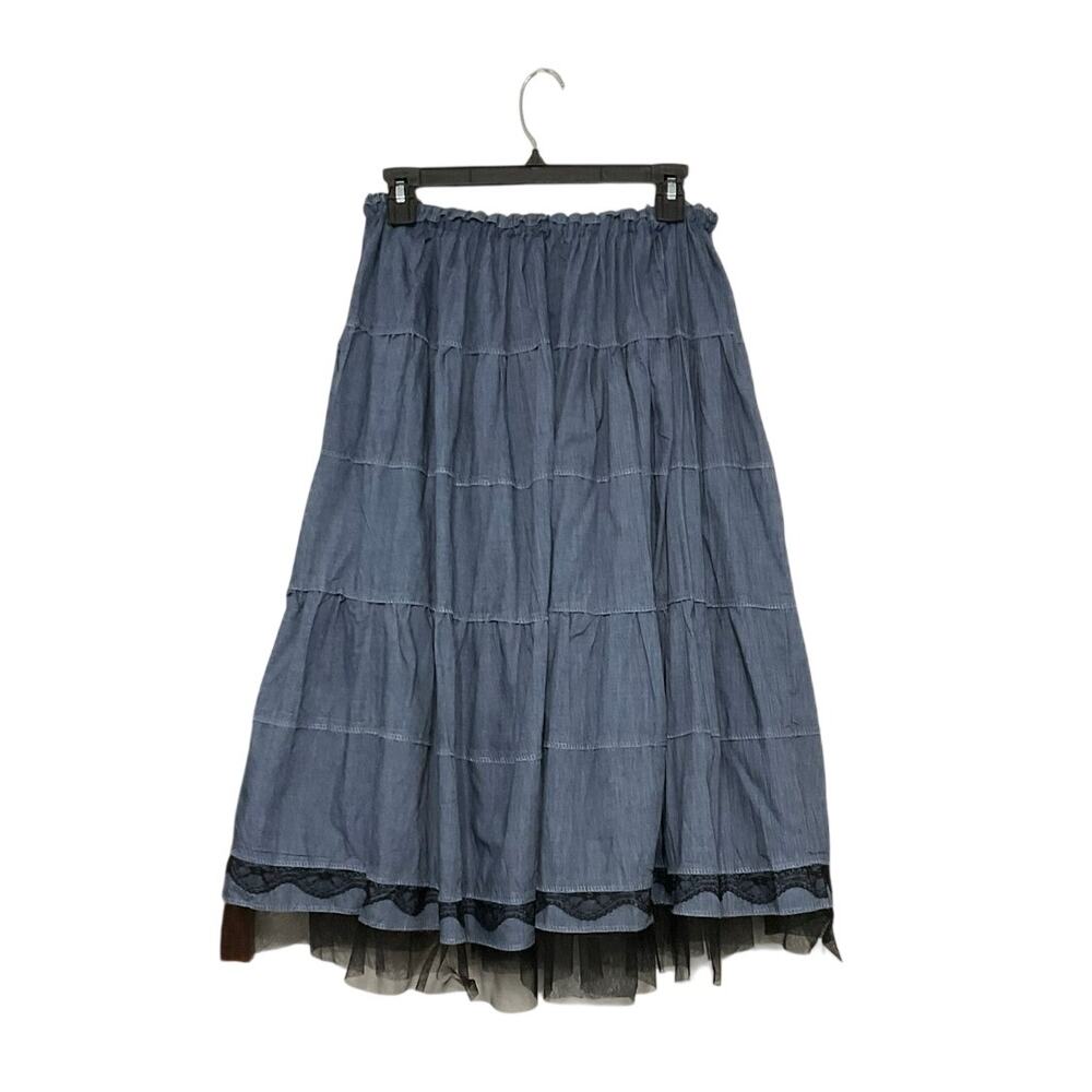 Handmade Blue Tiered Blue Prairie Midi Skirt Elastic Waist Western Boho